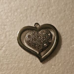 Silver Heart Pendant with Textured Rhinestone Center